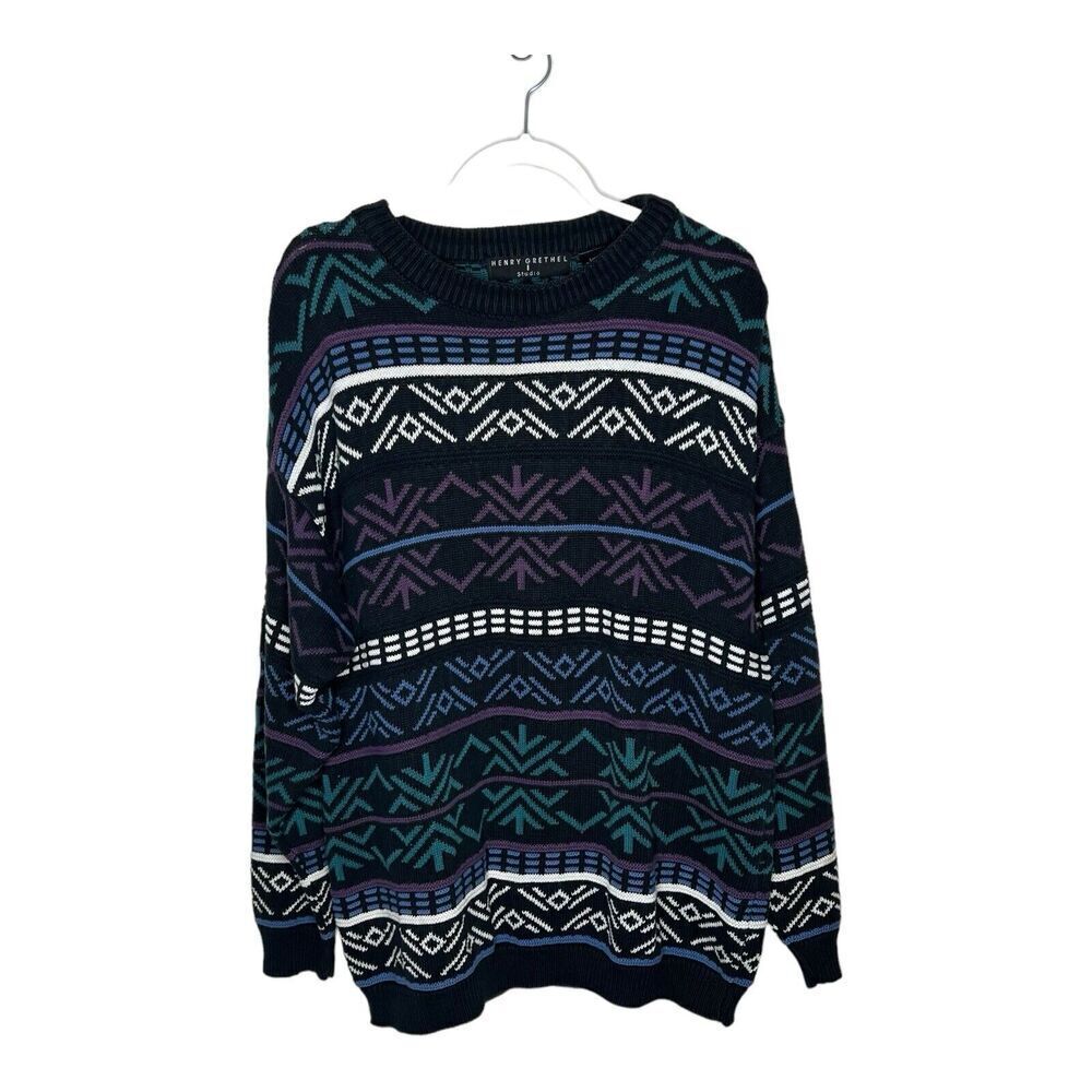 Henry Grethel Made‎ In USA Geometric Crewneck Sweater Large Grandpa 90s Vintage